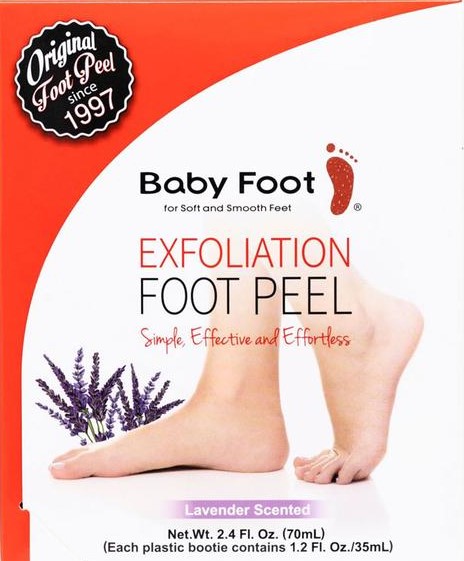 Baby Foot Exfoliation Foot Peel product with pretty feet and lavender